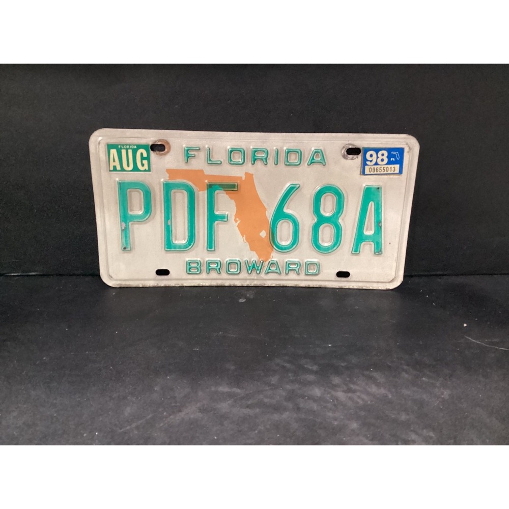 Florida License Plate Tag 1998 Broward, PDF 68A, Orange Map, Vintage